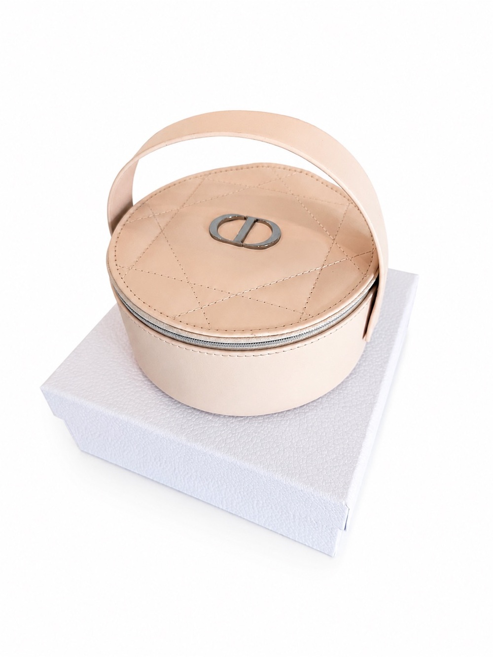 Dior Beige Round Leather Cosmetic Case with Top Handle